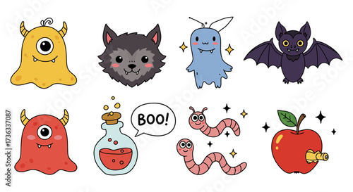 Cute halloween monsters collection a werewolf bat monster and apple with a worm on white perfect for halloween decoration projects and party supplies.