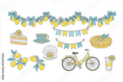 Yellow lemons blue ribbons garland cake pie bicycle cup drink fruit citrus
