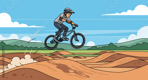 Illustration of bmx rider performing jump on dirt track perfect for extreme sports and outdoor adventure content