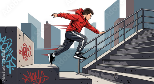 Illustration of a young man doing parkour on urban stairs with graffiti and buildings in the background