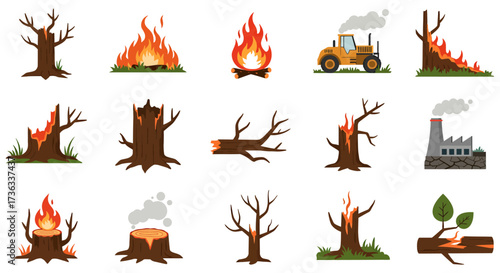 deforestation illustration forest fire disasters with burning trees stumps tractor and industrial chimney releasing smoke conveying pollution issues.