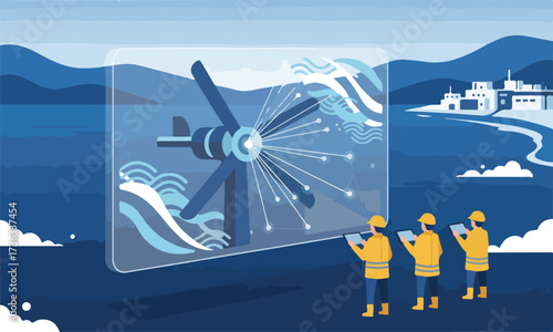 Tidal and Wave Energy Harnessing Ocean Power Vector Illustration. Wide Landscape Engineers Monitoring Turbines