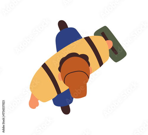 Repair man, worker, top down view. Repairman walking with tool case, toolbox. Professional handyman, mechanic, technician going to work, overhead. Flat vector illustration isolated on white background