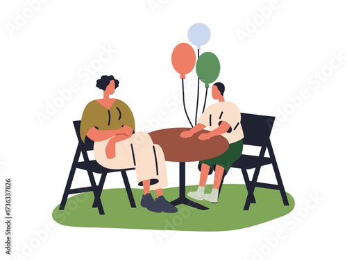 Mother and kid sitting at table outdoors. Mom and child in chairs, festive summer holiday in park. Woman and son celebrating with balloons. Flat vector illustration isolated on white background