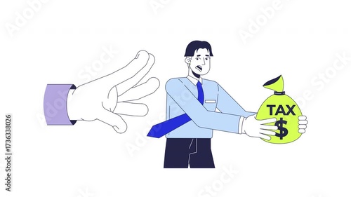Corporate tax evasion 2D animation. Asian man with money bag avoiding big hand reaching toward. Taxpayer stress. Tax fraud animated character cartoon flat concept metaphor 4K video isolated on white