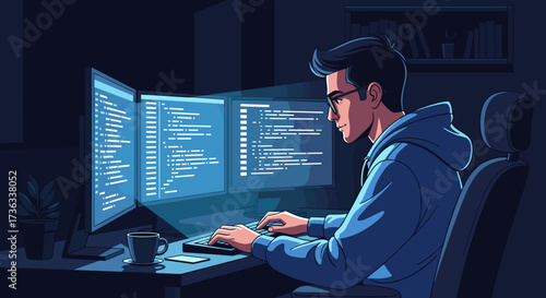 Illustration of a programmer coding on multiple monitors at night software development and engineering job