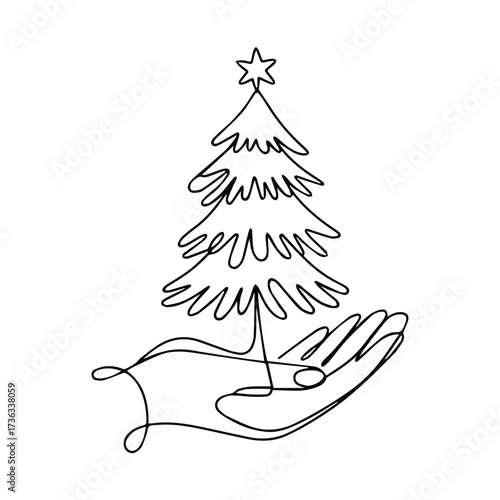 Minimalist continuous line drawing of a christmas tree held gently in an open hand