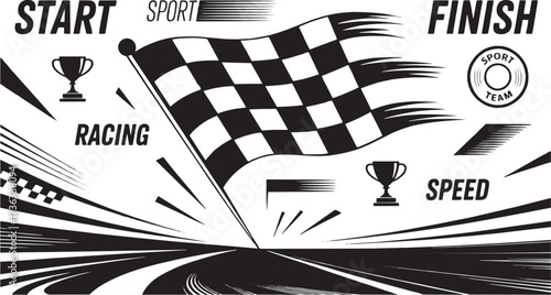 Racing Checkered Flag with Trophy Vector Illustration. Sport Competition, Motorsport Finish Line Symbol, Black and White Racing Concept Design