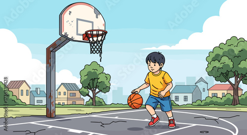 Boy practicing basketball drills on outdoor court with hoop and backboard for sports and recreation fun