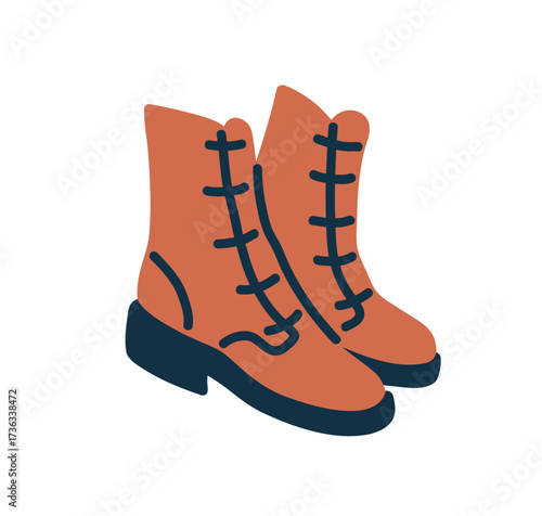 Modern women boots. Fashion footwear. Autumn shoes. Trendy comfortable casual foot wear with laces and round toe. Leather footgear pair. Colored flat vector illustration isolated on white background