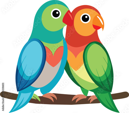 Colorful lovebirds sitting together illustration, Cute romantic parrot couple design