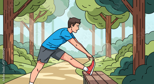 Man stretching leg outdoors for fitness workout exercise training in nature park healthy lifestyle routine