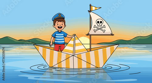 Illustration of boy sailing paper boat with pirate flag on water at sunset landscape background