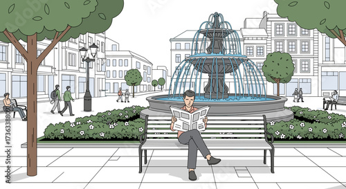 Illustration of man reading newspaper on bench in city park with fountain and buildings in background