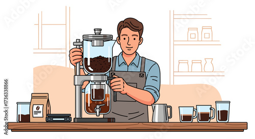 Illustration of barista preparing cold brew coffee using professional equipment in a coffee shop setting