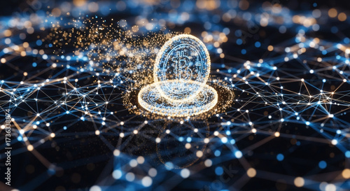 Wallpaper Mural Abstract 3D rendering of a glowing blockchain network, gold and blue particles forming a digital coin, futuristic and secure financial technology concept Torontodigital.ca