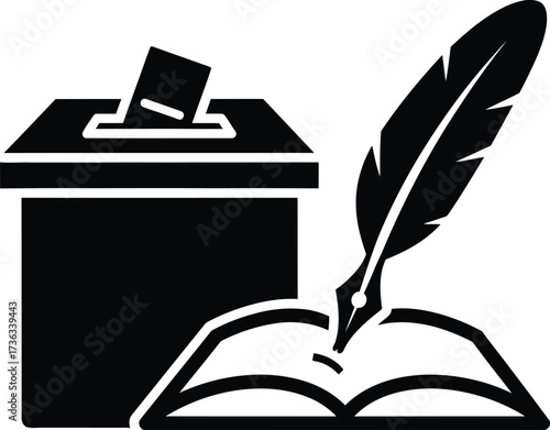 Ballot box with vote and quill pen over opened book illustration