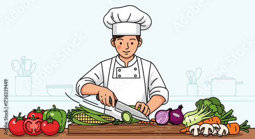 Chef preparing healthy food recipe cutting vegetables in kitchen for cooking vegetarian meal illustration
