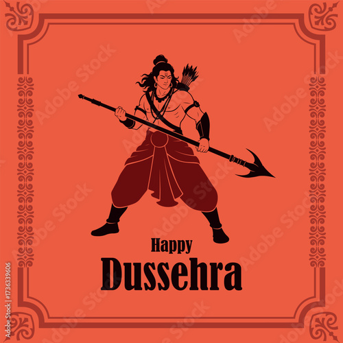 Dynamic vector illustration of Lord Rama in a warrior stance, armed with a spear and quiver, surrounded by an ornate frame on a vibrant red-orange background for Happy Dussehra.