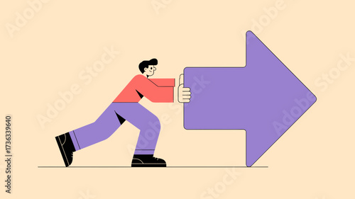 Determined person pushing forward towards success, leading the way with a big arrow, achieving goals, and driving business growth with innovation