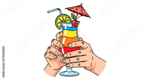 Illustration of hands holding a tropical cocktail drink with umbrella and fruit garnish summer vacation