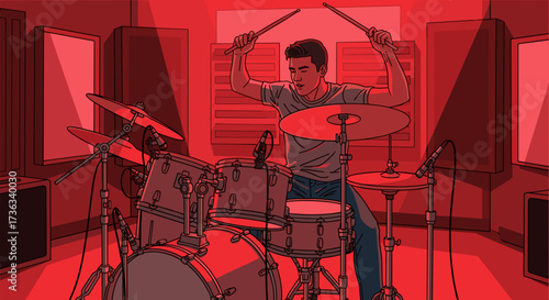 Man playing drums in recording studio with red lighting for music production and audio engineering session