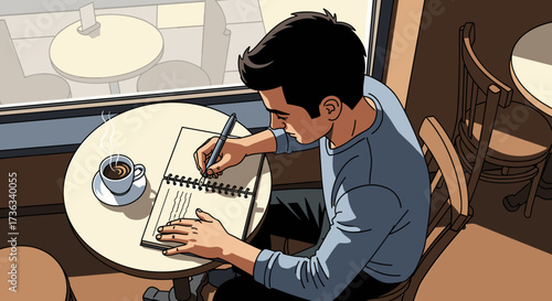 Man sketching in cafe drawing art illustration notebook coffee shop creative writing artist inspiration
