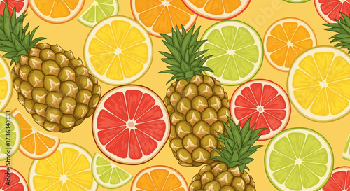 Seamless pattern of tropical fruits pineapple grapefruit lemon lime orange summer background for textile design