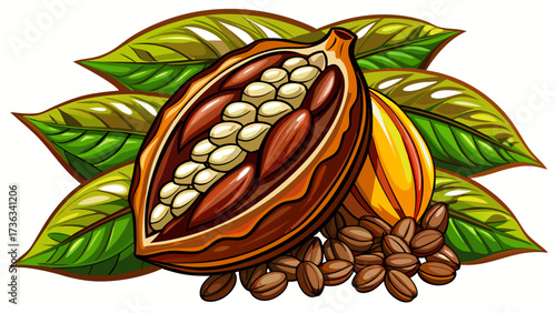 Very beautiful Cocoa pod and many raw beans isolated on white background