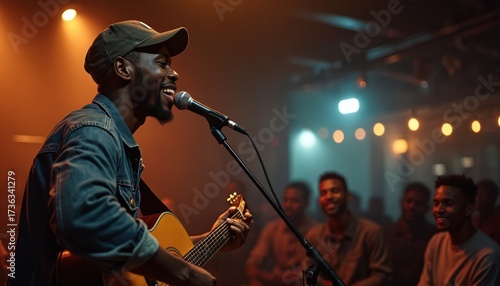 Man plays guitar and sings into microphone at cafe stage. Audience watches performer during music show with warm lighting. Live concert event.