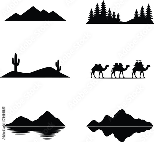 Mountain forest desert camel water reflections vector