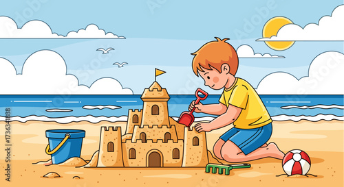 Illustration of boy building sandcastle on beach with bucket shovel and ball summer vacation activity 100