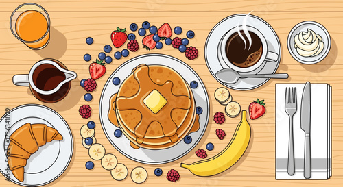 Delicious breakfast brunch with pancakes croissant coffee juice and fresh fruits for a perfect morning meal