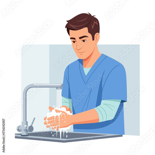 Man in scrubs washing his hands with soap and water at a sink, emphasizing hygiene and healthcare.