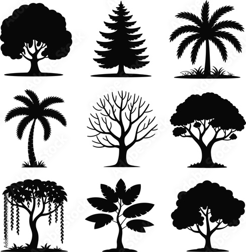 Various tree silhouettes vector black