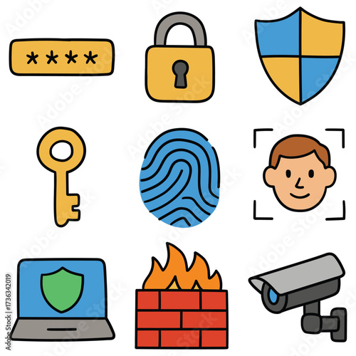 Hand-drawn cartoon security icon set isolated on white background. Password, padlock, shield, key, fingerprint, face id, laptop, firewall, cctv camera. Vector illustration.