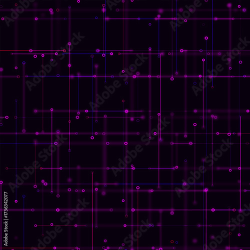 Abstract digital background with bright multicolored lines and dots on a dark background. Vector illustration resembles an electrical circuit or glowing connections in virtual space.