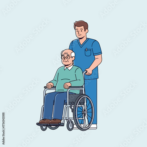 A male caregiver in blue scrubs gently pushes an elderly man in a wheelchair, providing compassionate assistance.