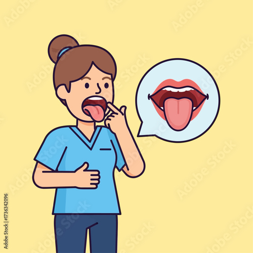 Cartoon illustration of a woman sticking out her tongue and touching her chin, with a speech bubble showing a detailed open mouth.
