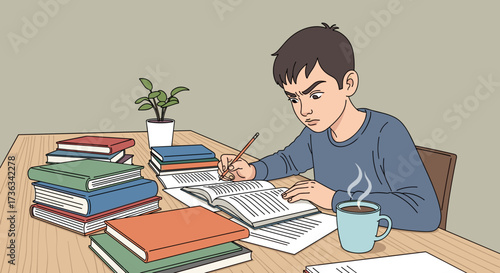 Student studying hard with books and coffee illustration for education and learning resources design needs