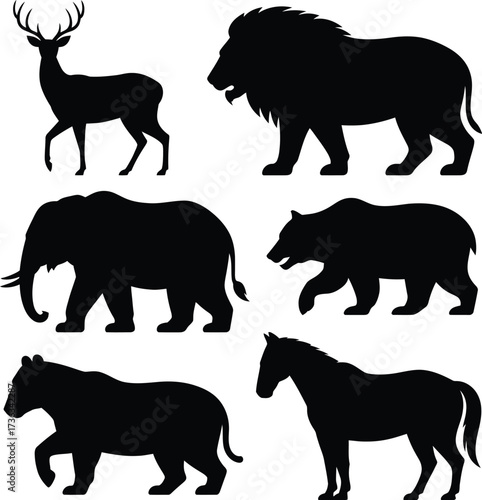 Deer lion elephant bear horse silhouette vector