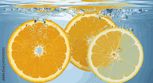 Fresh citrus fruits oranges lemons in water with bubbles healthy food refreshing drink summer vibes background