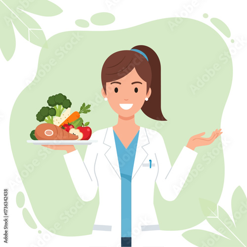 Smiling female nutritionist in a lab coat presenting a plate of balanced, healthy food with meat and vegetables.