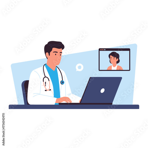 A male doctor provides a virtual consultation to a female patient via a laptop video call.