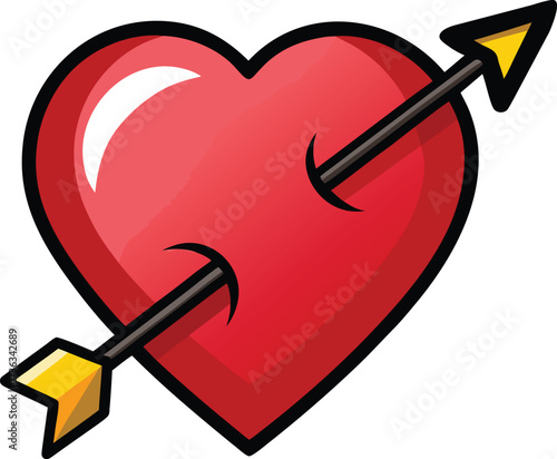 Illustration of a red heart with a black outline pierced by an arrow