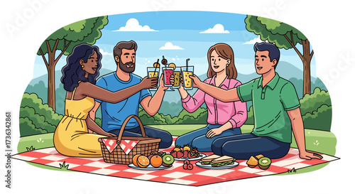 Illustration of friends enjoying picnic in park with drinks and food on blanket for outdoor recreation