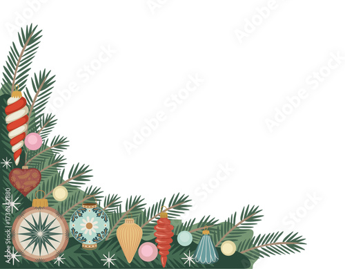 Christmas corner made of fir branches decorated with colorful vintage ornaments of different shapes. Festive holiday vector illustration isolated on transparent background