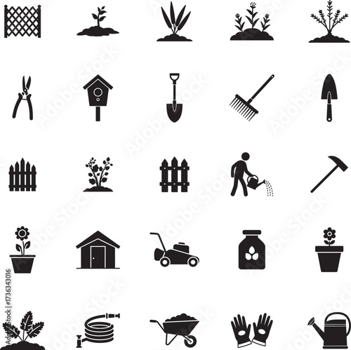 Gardening and Yard Work Icons Silhouette Set