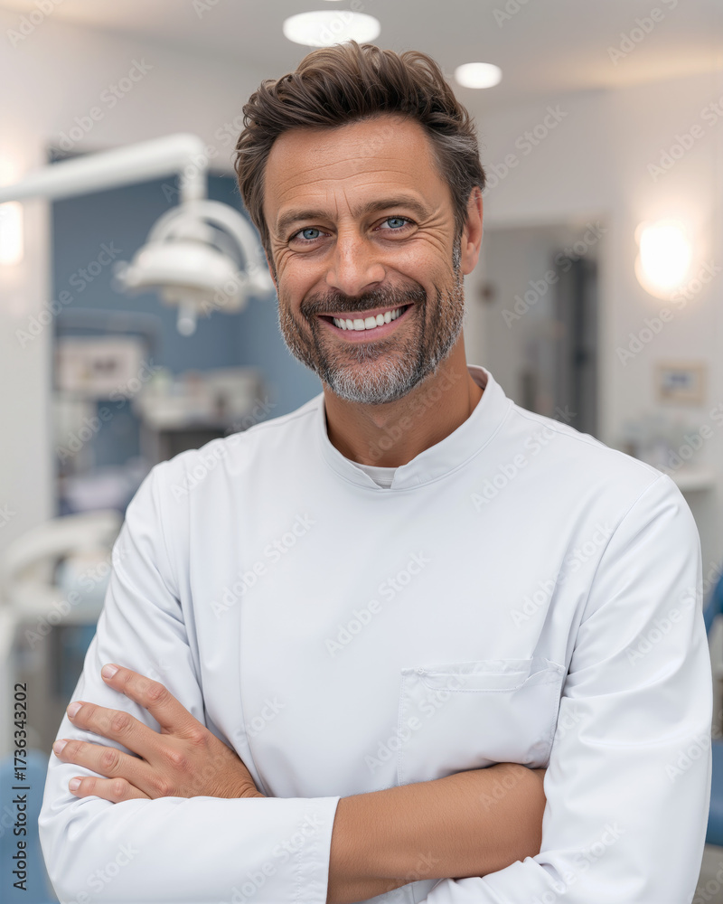 Naklejka premium Dentist smiles warmly in modern clinic setting while offering patient care