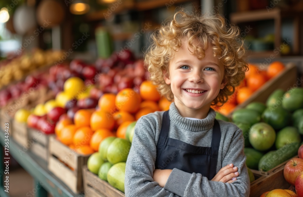 Fototapeta premium Young boy with blond curly hair smiles at market stall piled high with fresh colorful fruits, vegetables. He wears apron over grey sweater. Healthy eating, shopping, wholesome family business themes.